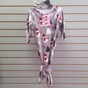 Snowman tie-bottom baby gown with matching tie headband